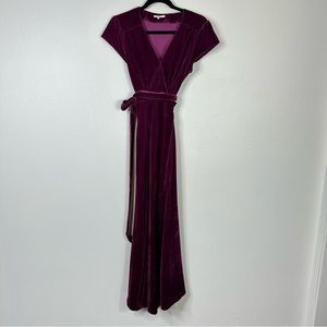 Tularosa Sid wrap dress burgundy velvet cap sleeve maxi length feminine wedding